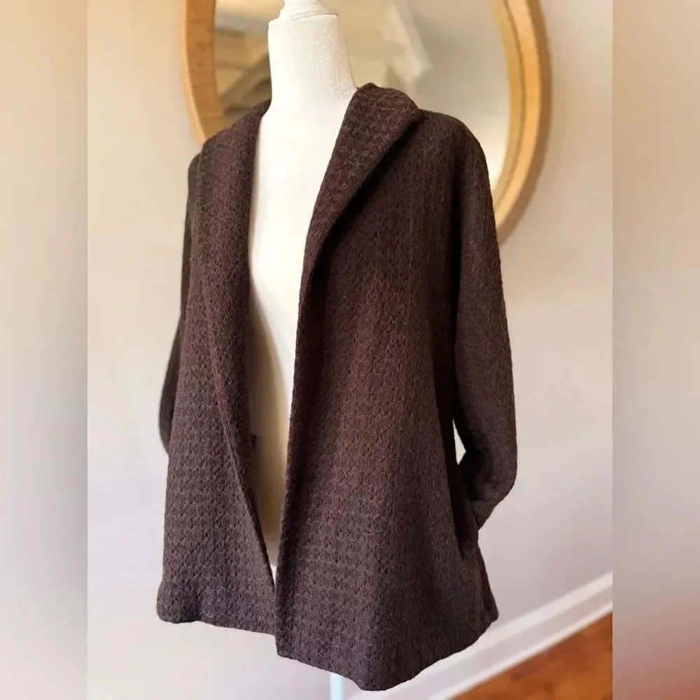 Eileen Fisher 100% Wool Open Front Chocolate Brown Cardigan Size Small